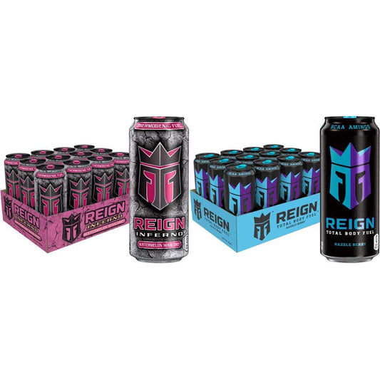 Reign Inferno Thermogenic Fuel Fitness Performance Drink 16 Fl Oz Pack of, Watermelon Warlord, (Pack of 12) and Total Body Fuel, Razzle Berry, Fitness and Performance Drink, 16 Oz (Pack of 12)