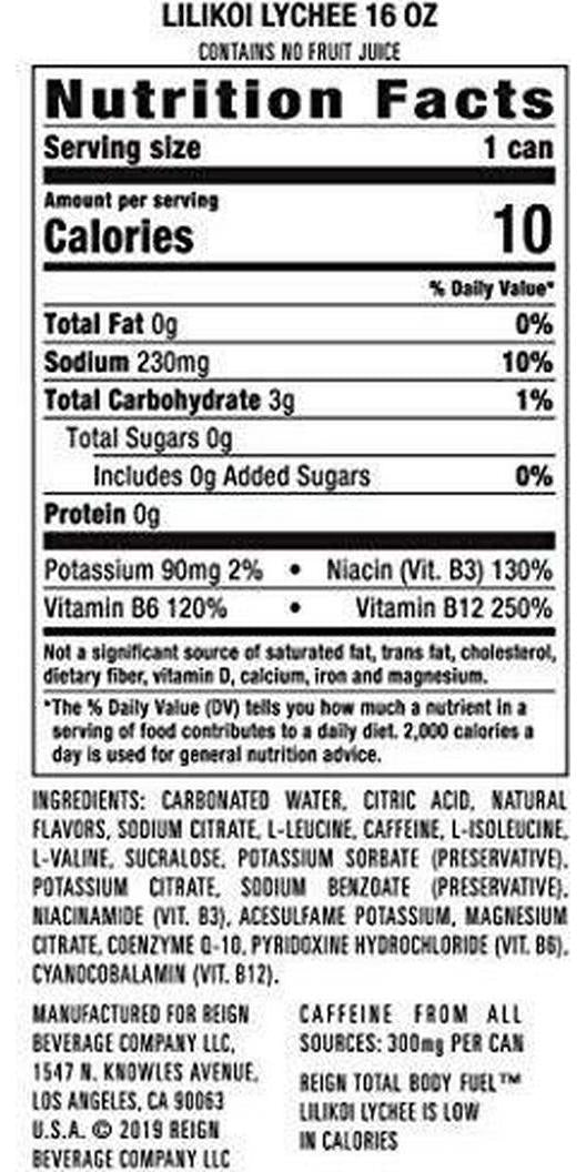 Reign Inferno True Blu, Thermogenic Fuel, Fitness and Performance Drink, 16 Ounce (Pack of 12) and Total Body Fuel, Lilikoi Lychee, Fitness and Performance Drink, 16 Fl Oz (Pack of 12)