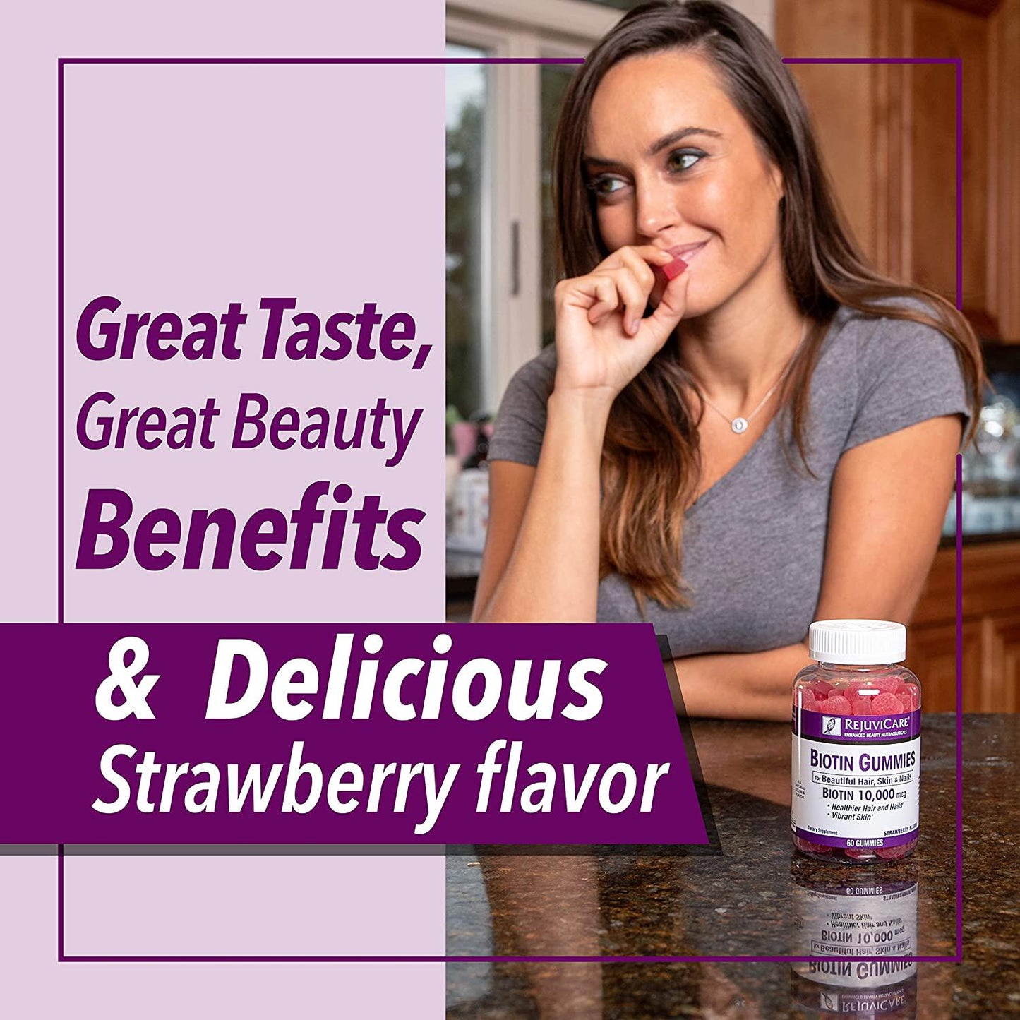 Rejuvicare Biotin Gummies 10,000mcg for Beautiful Hair, Skin and Nails, 30 servings