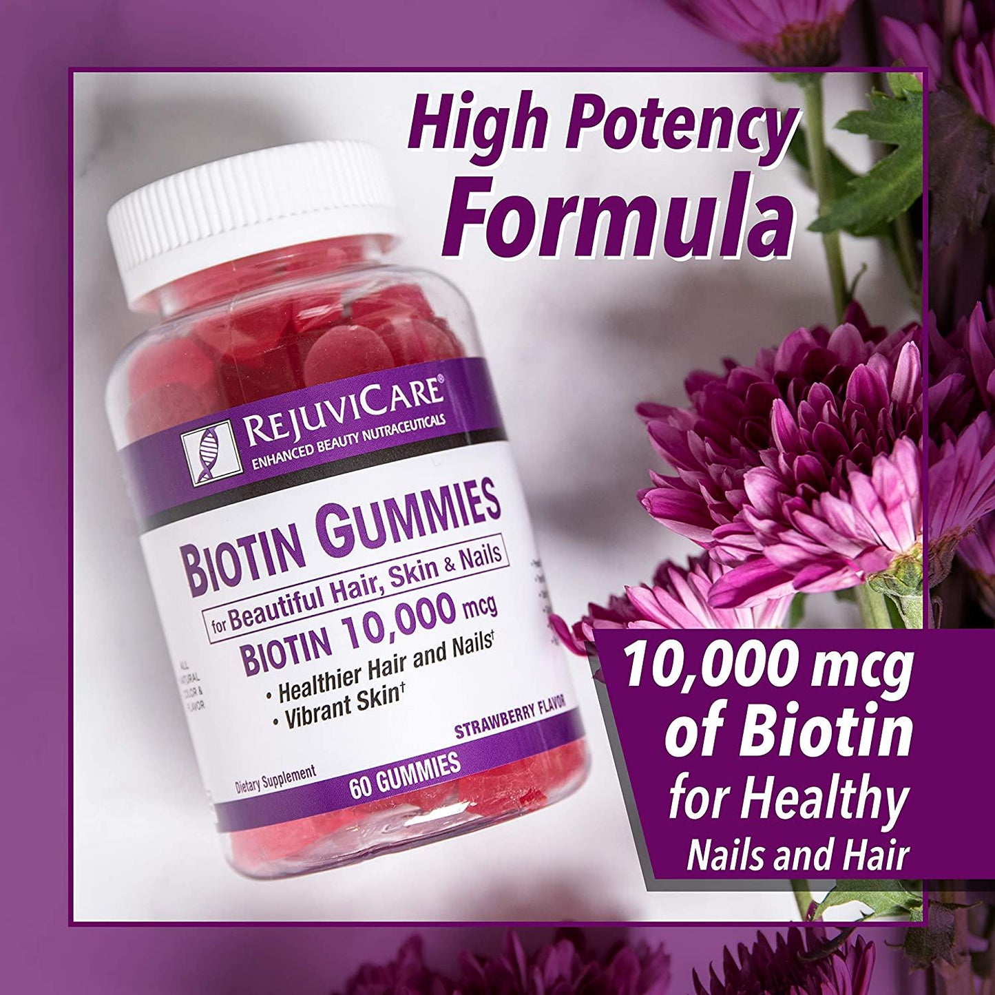 Rejuvicare Biotin Gummies 10,000mcg for Beautiful Hair, Skin and Nails, 30 servings
