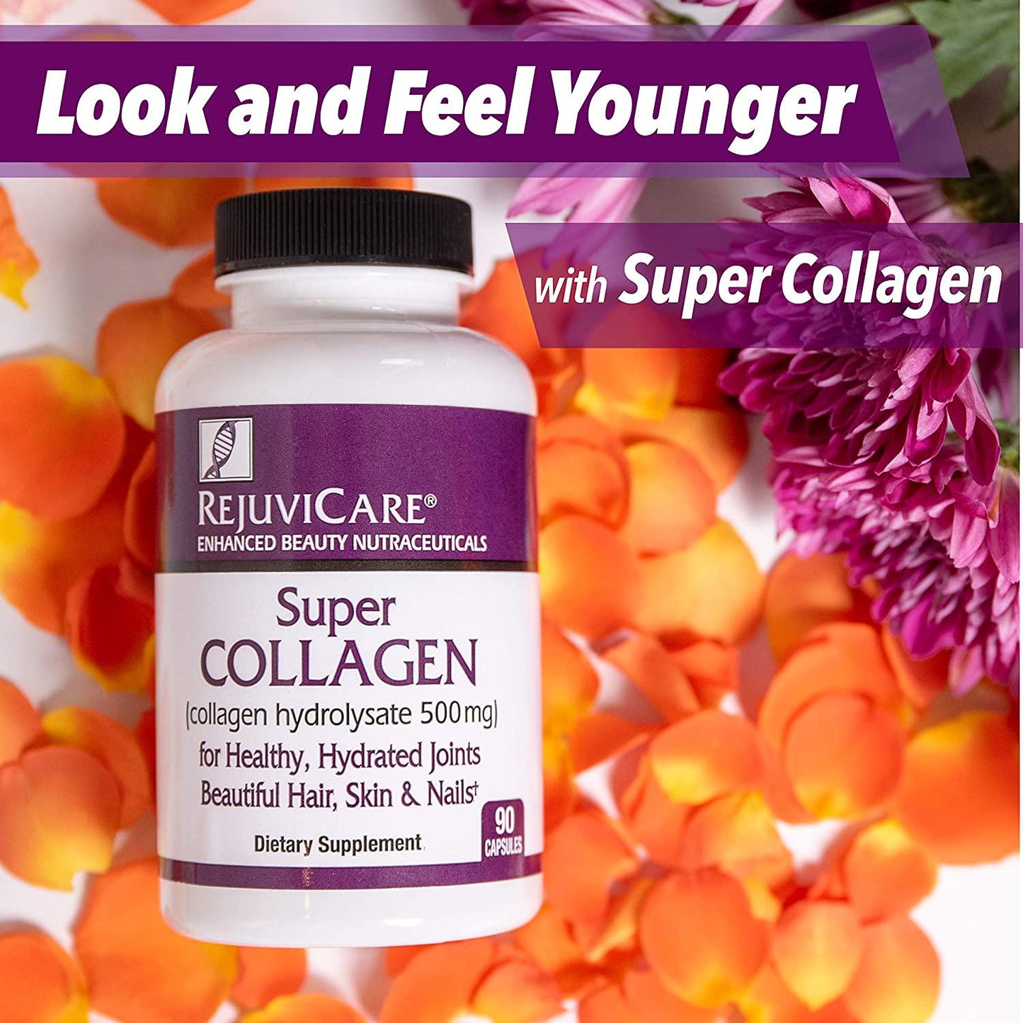 Rejuvicare Super Collagen Capsules for Beauty, Healthy Joints, Hair, Skin, and Nails, 90 servings
