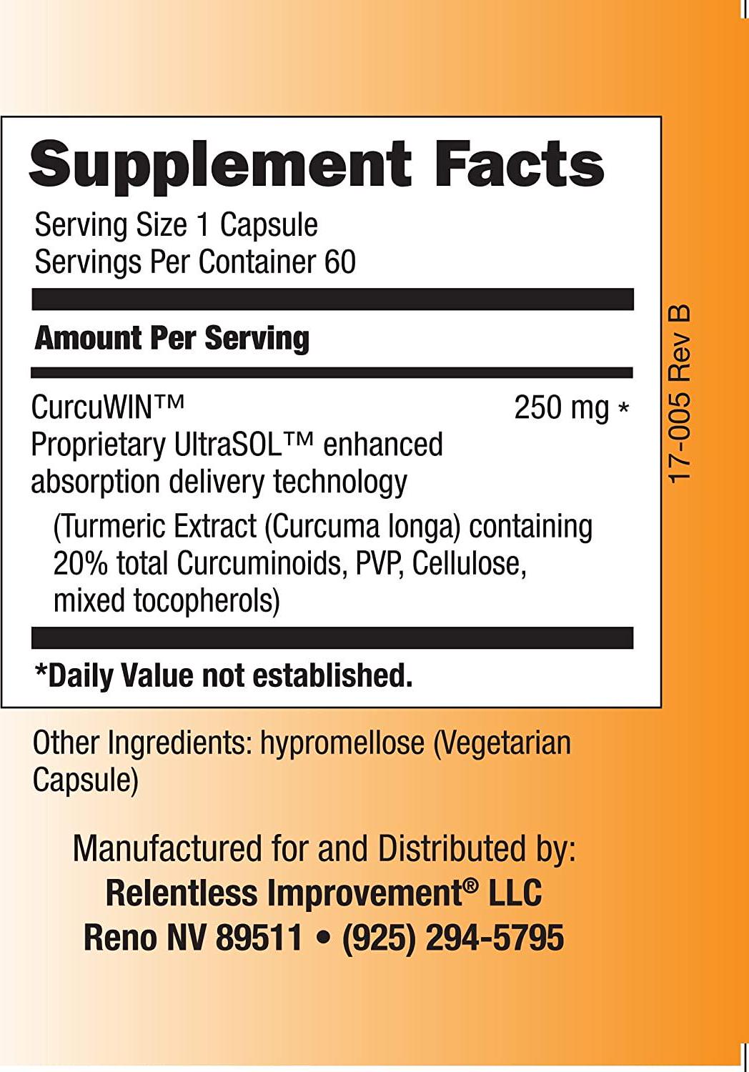 Relentless Improvement CurcuWin Curcumin Relative Absorption 46x Over Standard Curcumin No Black Pepper