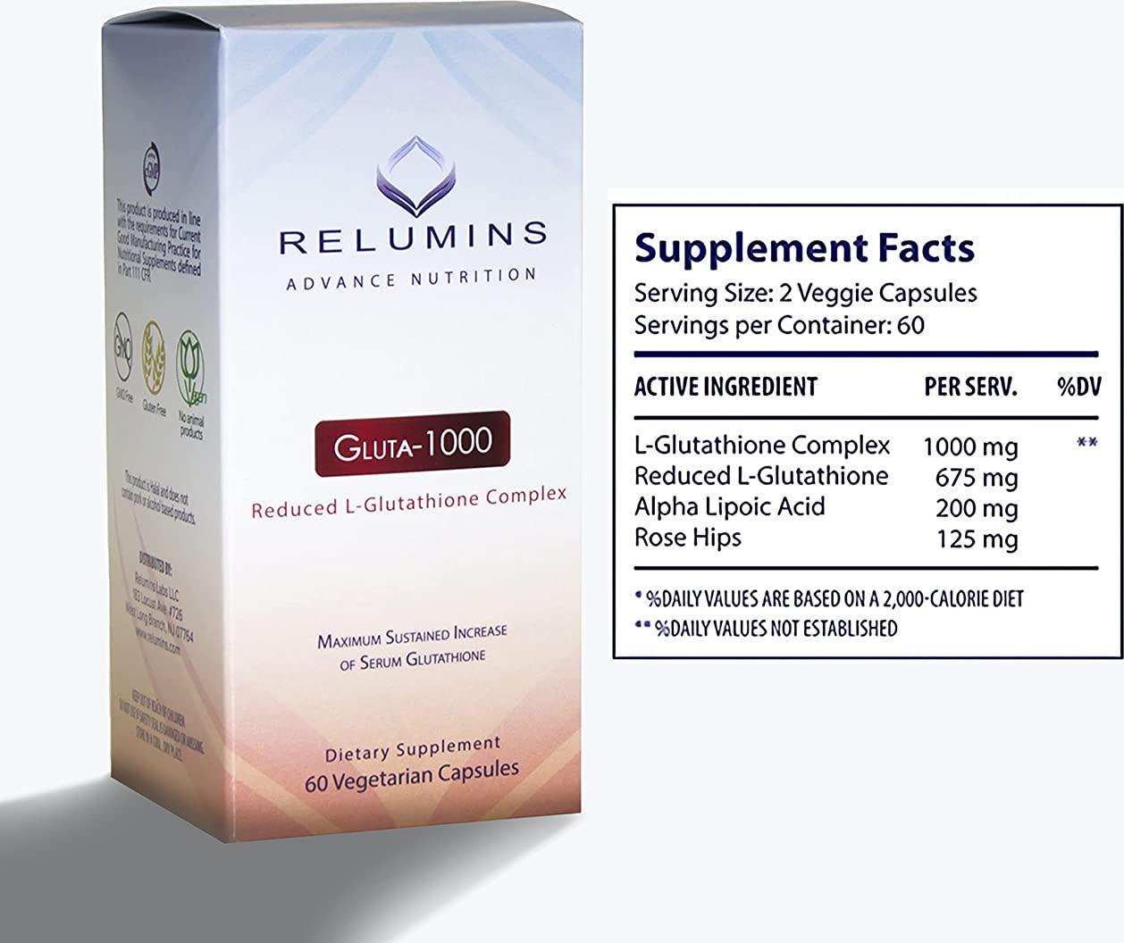 Relumins Advance Nutrition Gluta 1000 - Reduced L-Glutathione Complex - 2X More Effective Than Jarrow at Raising Serum Glutathione