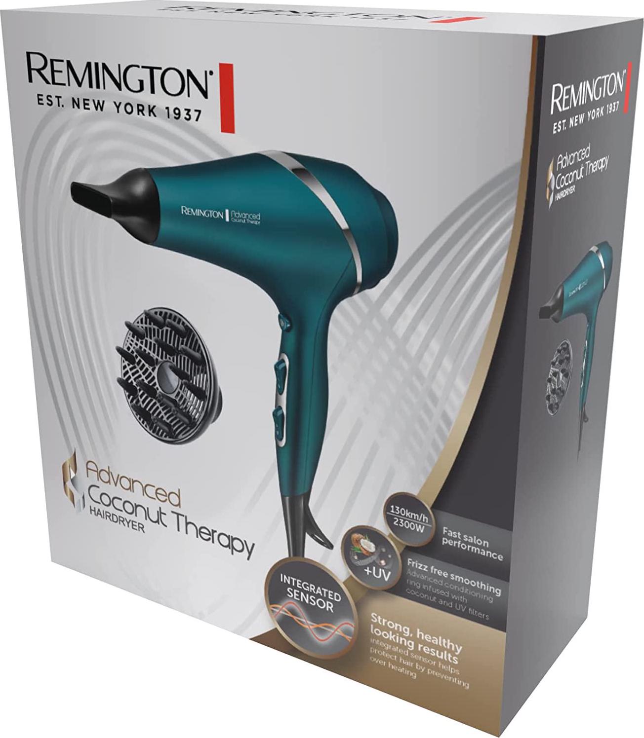 Remington Advanced Coconut Therapy Hair Dryer, AC8648AU, 2300W Salon Performance, Integrated Heat Sensor Helps Protect Hair, Ionic Conditioning for a Frizz-Free Shine, With Concentrator and Diffuser
