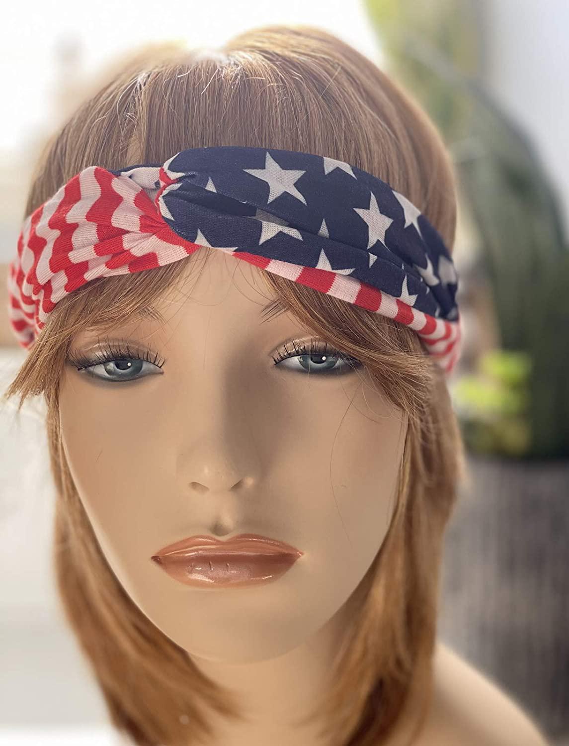 Remington American Flag Headband 3.5 Wide USA Hair Band Patriotic Twisted Headband Turban Style in Red White and Blue Stars and Stripes