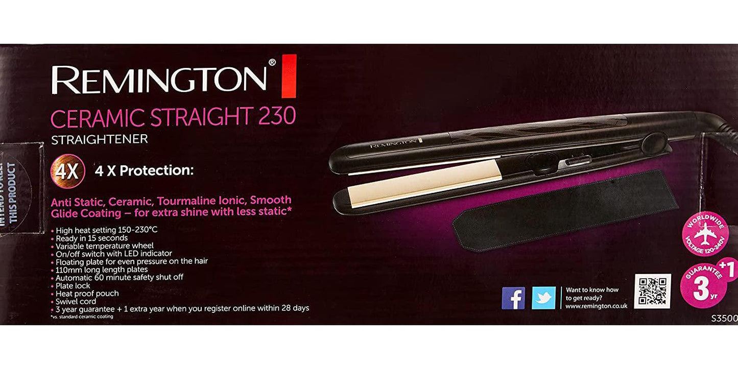 Remington Ceramic Straight 230 Hair Straighteners, 15 Seconds Heat Up Time with Variable Temperature Setting - S3500, Black