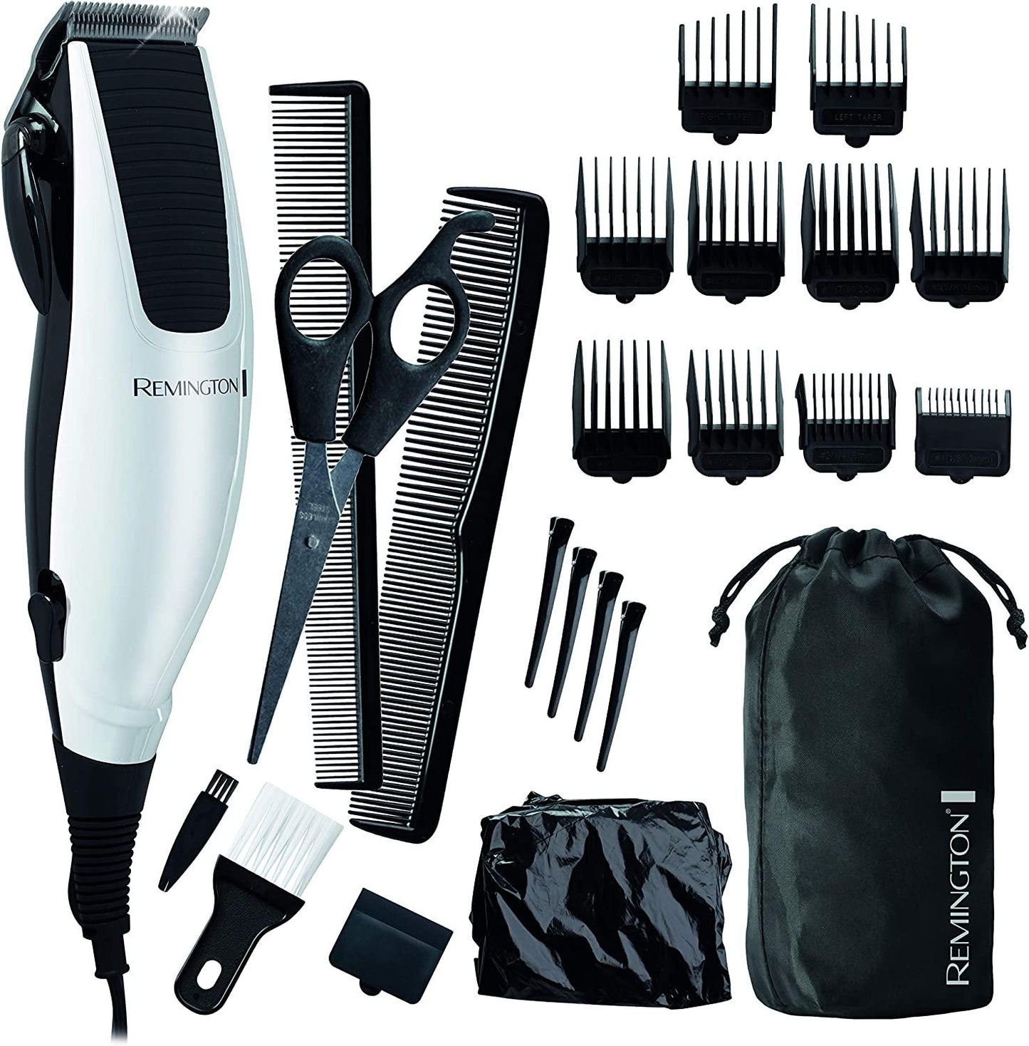 Remington High Precision Haircut Kit, HC1091AU, Corded, 23-Piece Pack Includes: Hair Clipper With Taper Lever, 10x Comb guides (3-25MM), Scissors, Styling Combs, and Sectioning Clips - Silver