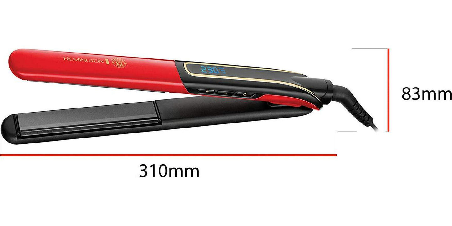 Remington Manchester United Sleek and Curl Expert Ceramic Hair Straighteners Including Heat Mat and Storage Pouch, Black and Red