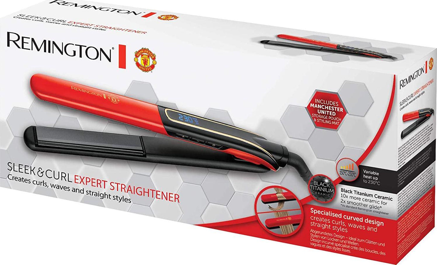 Remington Manchester United Sleek and Curl Expert Ceramic Hair Straighteners Including Heat Mat and Storage Pouch, Black and Red