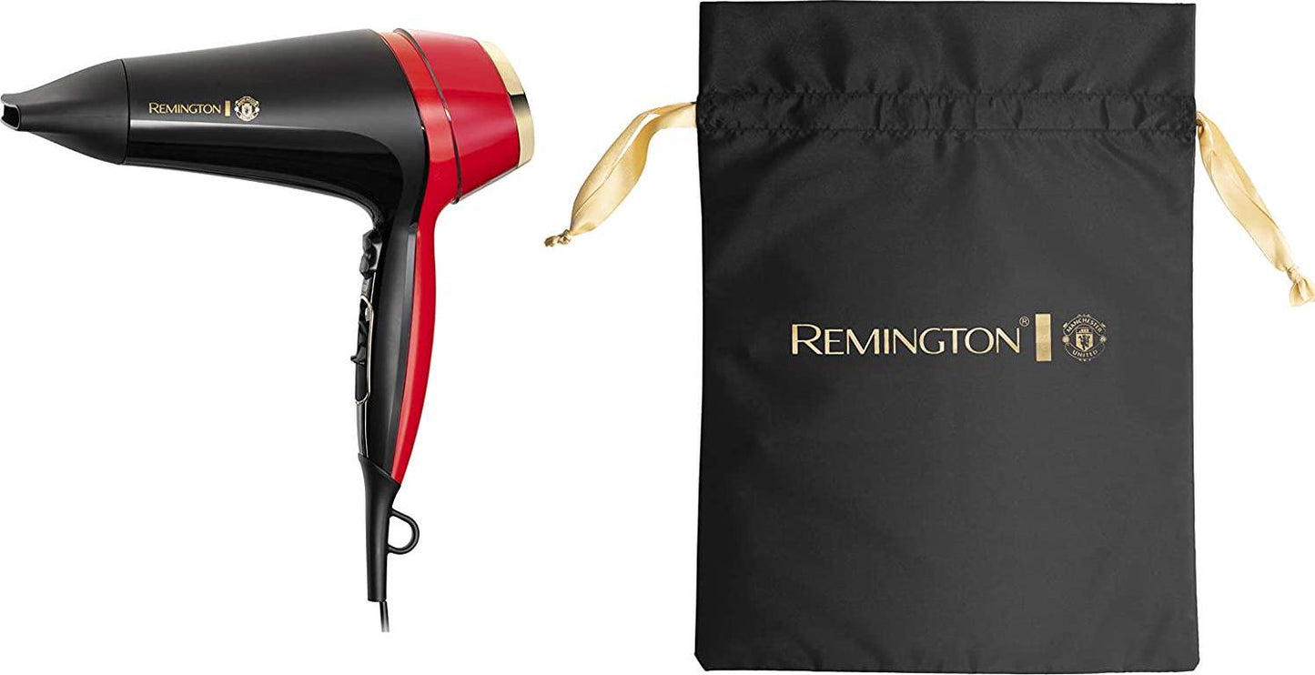 Remington Manchester United Thermacare Pro 2400 Ionic Hair Dryer Performance Variable Heat and Speed Settings Including Storage Bag, Black and Red