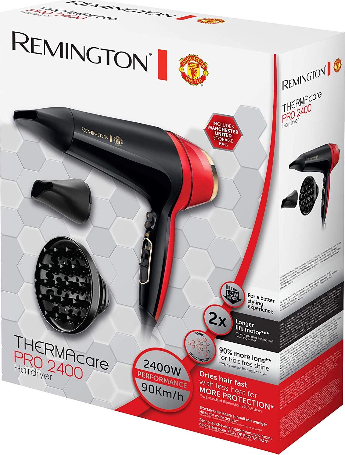 Remington Manchester United Thermacare Pro 2400 Ionic Hair Dryer Performance Variable Heat and Speed Settings Including Storage Bag, Black and Red