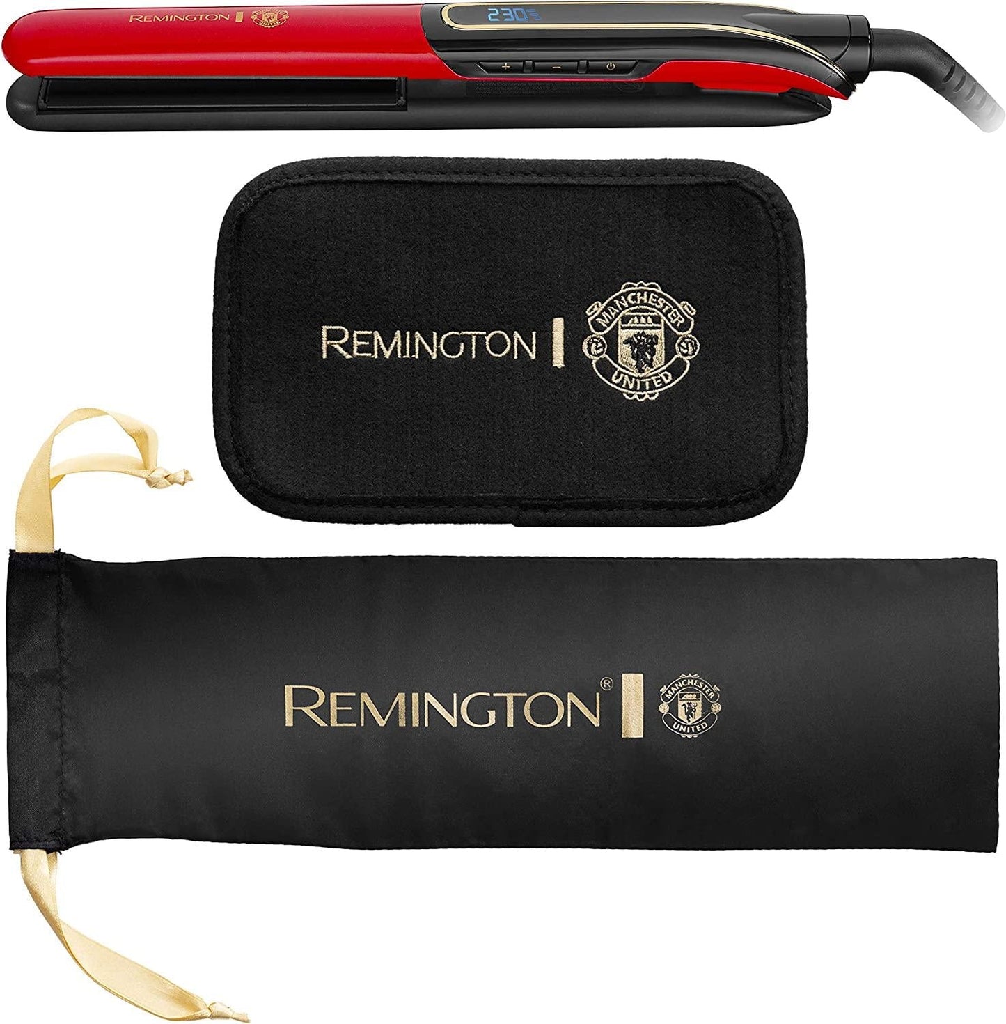 Remington Manchester United Sleek and Curl Expert Ceramic Hair Straighteners Including Heat Mat and Storage Pouch, Black and Red