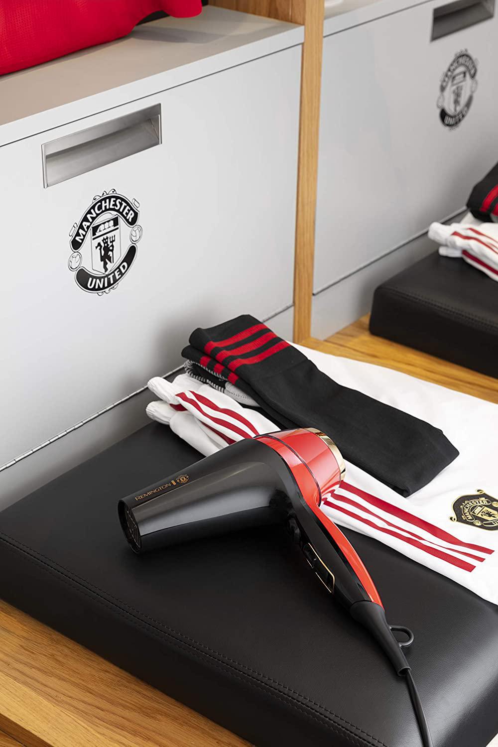 Remington Manchester United Thermacare Pro 2400 Ionic Hair Dryer Performance Variable Heat and Speed Settings Including Storage Bag, Black and Red