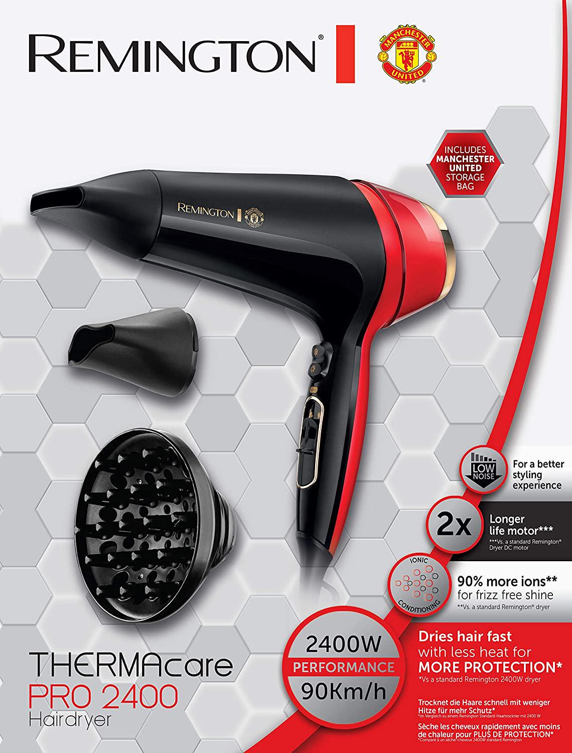Remington Manchester United Thermacare Pro 2400 Ionic Hair Dryer Performance Variable Heat and Speed Settings Including Storage Bag, Black and Red