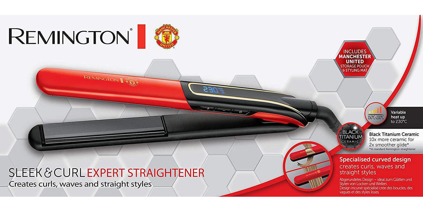 Remington Manchester United Sleek and Curl Expert Ceramic Hair Straighteners Including Heat Mat and Storage Pouch, Black and Red