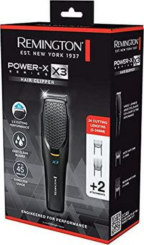 Remington Power-X Series X3 Hair Clipper, HC3000AU, Cordless Rechargeable Hair Trimmer, 24 Length Settings (0.5-24mm), 2 Comb Attachments, Premium Self-Sharpening Blades - Black