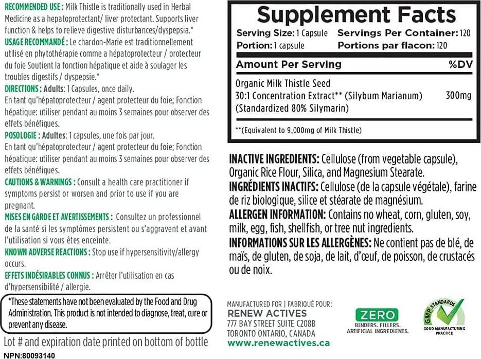 Renew Actives Milk Thistle Capsules: 300mg Organic Milk Thistle Seed Extract Supplement to Support Healthy Liver Function - Highly Concentrated Formula with Standardized Silymarin - 120 Veggie Pills
