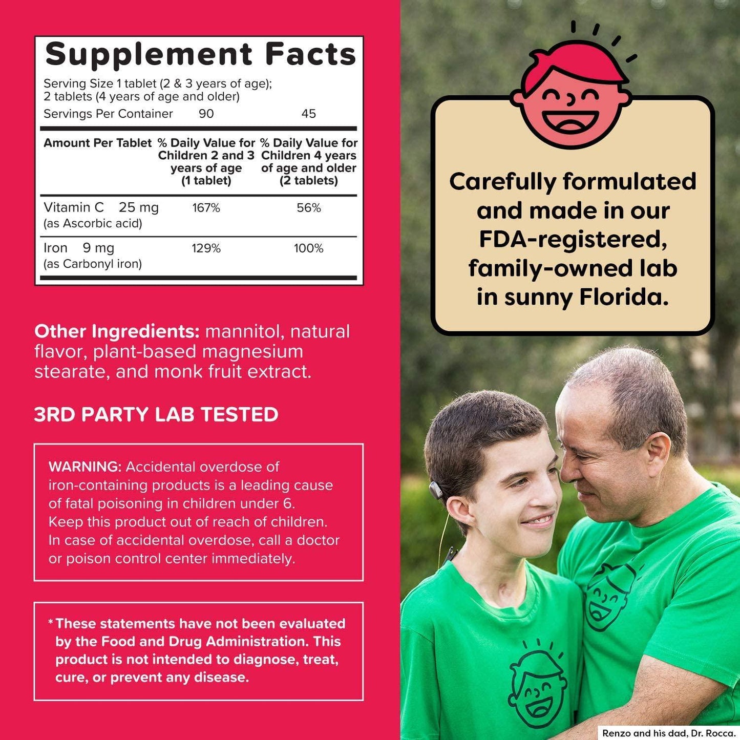 Renzo's Iron Strong, Dissolvable Vegan Vitamins for Kids, Zero Sugar, Oh-Oh-Oh Orange Flavor, 90 Melty Tabs