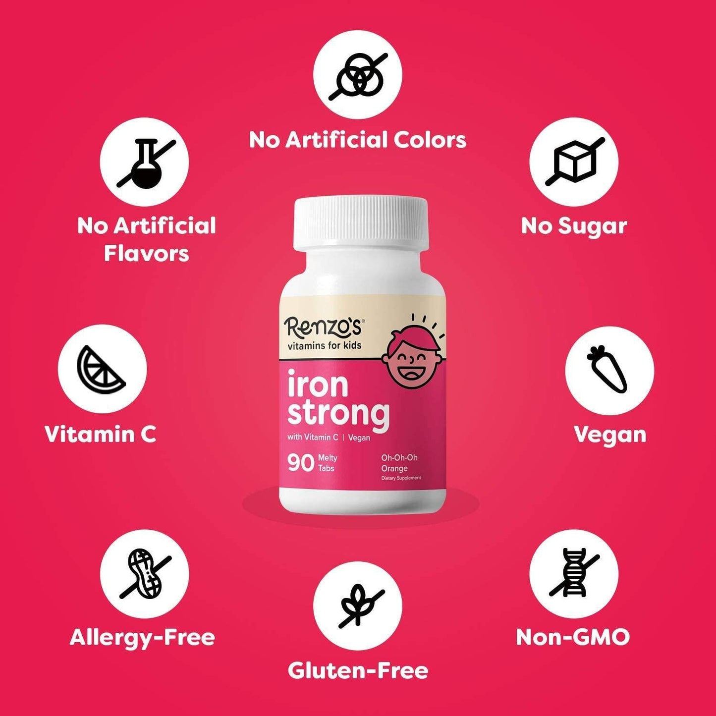 Renzo's Iron Strong, Dissolvable Vegan Vitamins for Kids, Zero Sugar, Oh-Oh-Oh Orange Flavor, 90 Melty Tabs