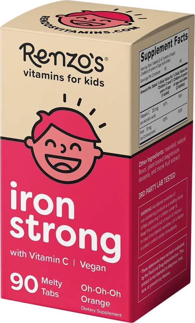 Renzo's Iron Strong, Dissolvable Vegan Vitamins for Kids, Zero Sugar, Oh-Oh-Oh Orange Flavor, 90 Melty Tabs
