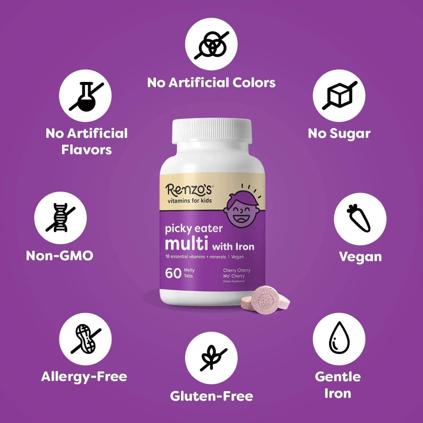 Renzo's Picky Eater Multi, Vegan Dissolvable Vitamins for Kids, Zero Sugar, Cherry Cherry Mo' Cherry Flavour, 60 Melty Tabs