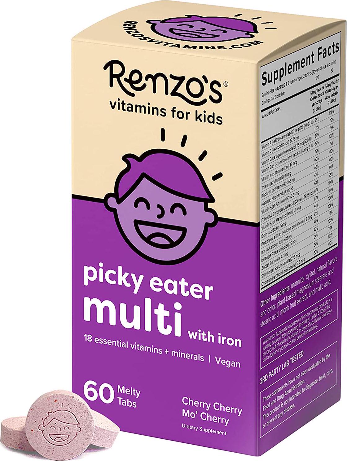 Renzo's Picky Eater Multi, Vegan Dissolvable Vitamins for Kids, Zero Sugar, Cherry Cherry Mo' Cherry Flavour, 60 Melty Tabs