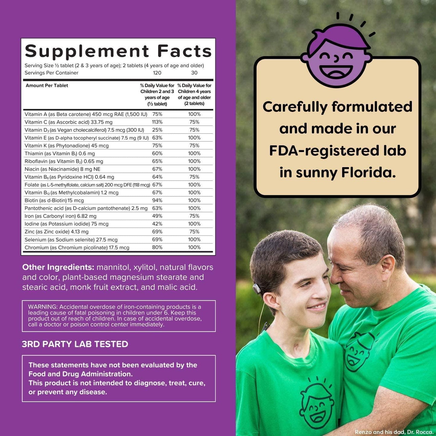 Renzo's Picky Eater Multi, Vegan Dissolvable Vitamins for Kids, Zero Sugar, Cherry Cherry Mo' Cherry Flavour, 60 Melty Tabs