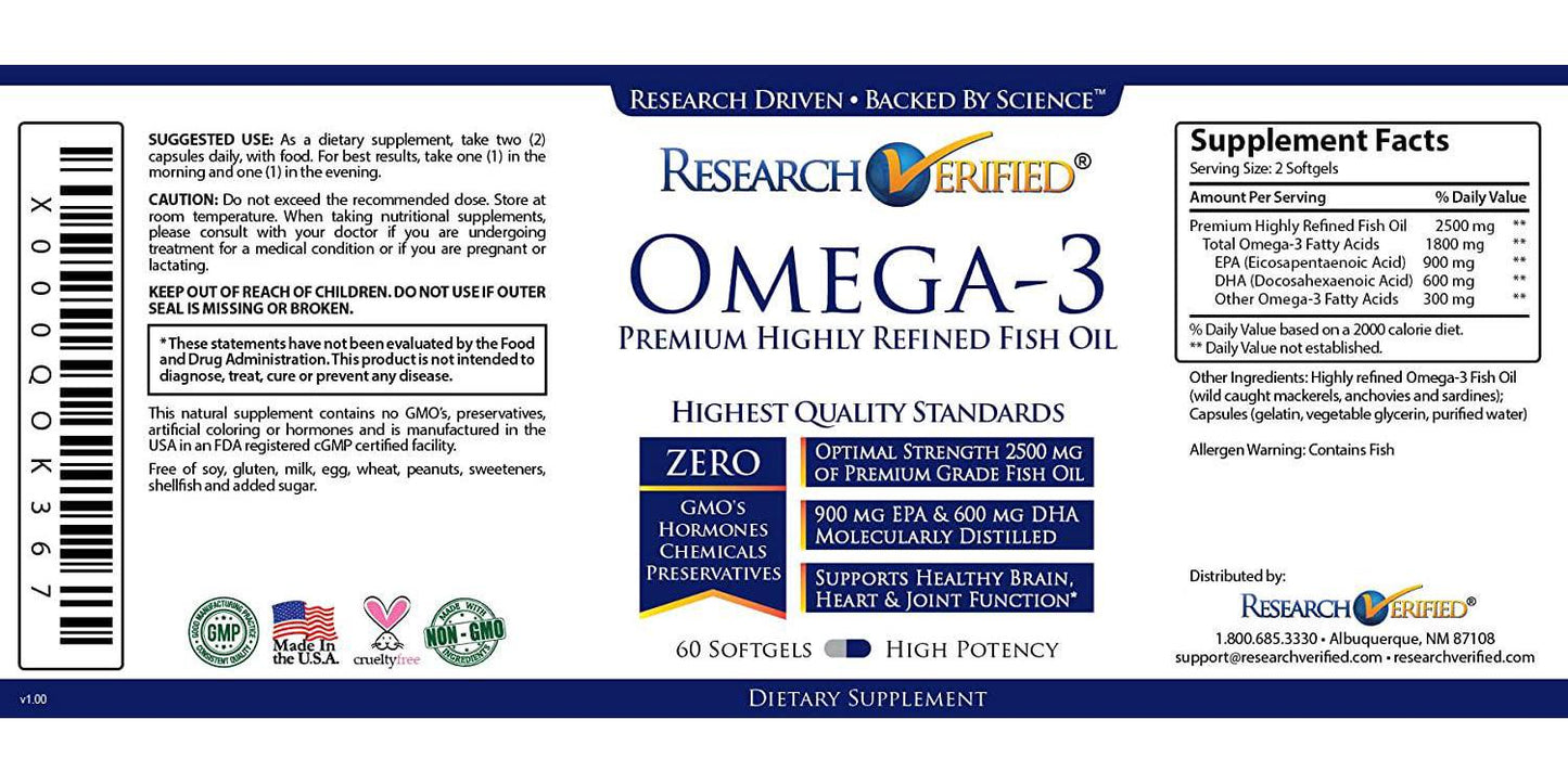Research Verified Omega 3 - Omega 3 Fish Oil - 100% Pure Premium Omega Fatty Acids - High EPA 800mg + DHA 600MG; no Aftertaste - 1500mg Softgel Capsules, 6 Bottles (6 Months Supply)