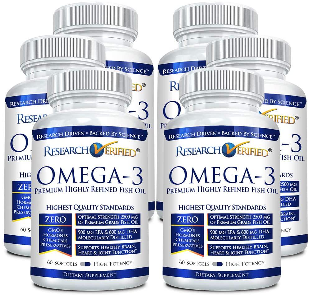 Research Verified Omega 3 - Omega 3 Fish Oil - 100% Pure Premium Omega Fatty Acids - High EPA 800mg + DHA 600MG; no Aftertaste - 1500mg Softgel Capsules, 6 Bottles (6 Months Supply)