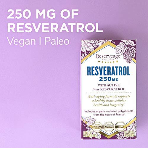 Reserveage, Resveratrol 250 mg, Antioxidant Supplement for Heart and Cellular Health, Supports Healthy Aging, Paleo, Keto, 60 Capsules