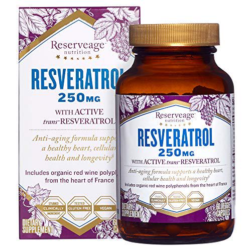 Reserveage, Resveratrol 250 mg, Antioxidant Supplement for Heart and Cellular Health, Supports Healthy Aging, Paleo, Keto, 60 Capsules