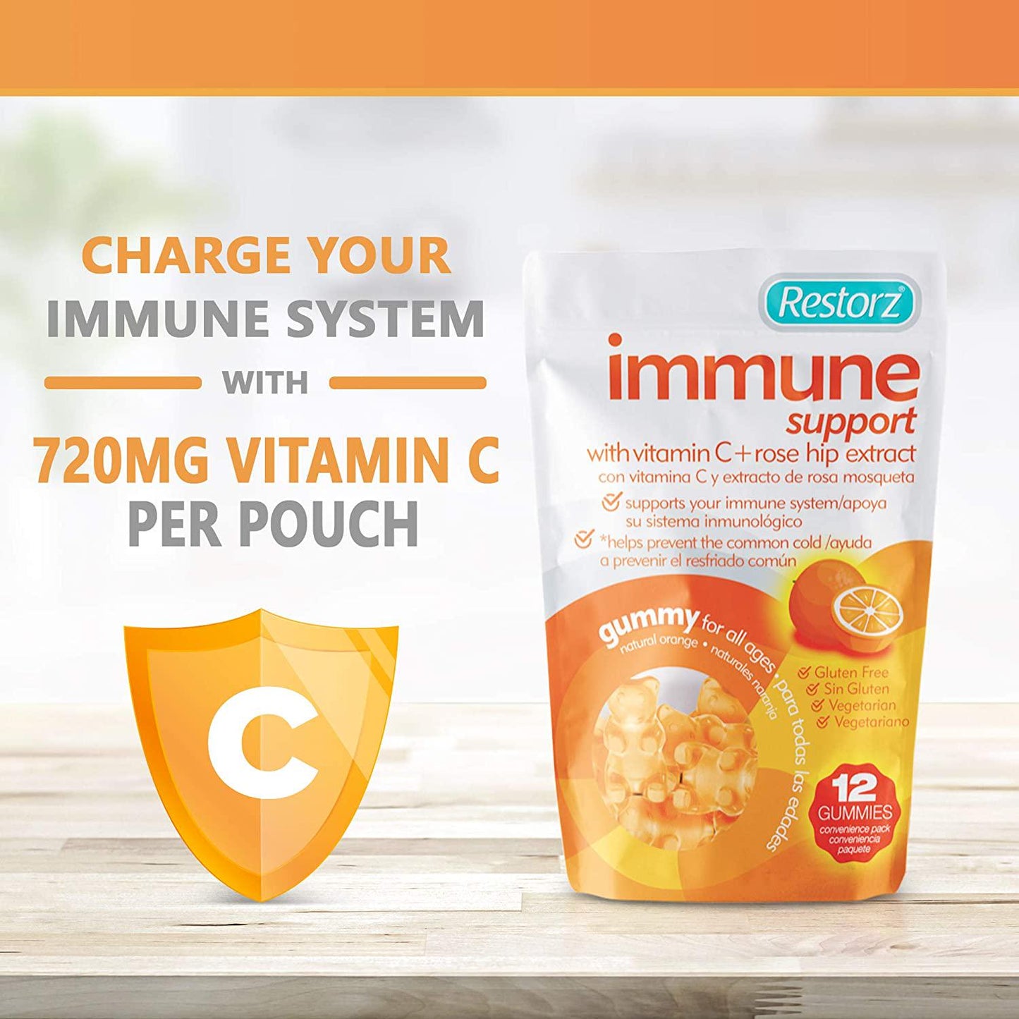 Restorz Vitamin C Immune Support Gummies with Rose Hip Extract, 3,000 mg, 8 Reusable Packs, Immunity Booster with Antioxidants, (96 Count Gummies)