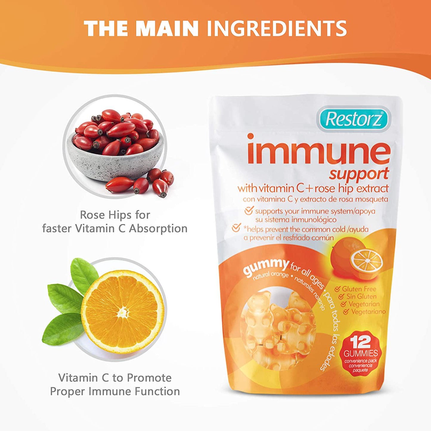 Restorz Vitamin C Immune Support Gummies with Rose Hip Extract, 3,000 mg, 8 Reusable Packs, Immunity Booster with Antioxidants, (96 Count Gummies)