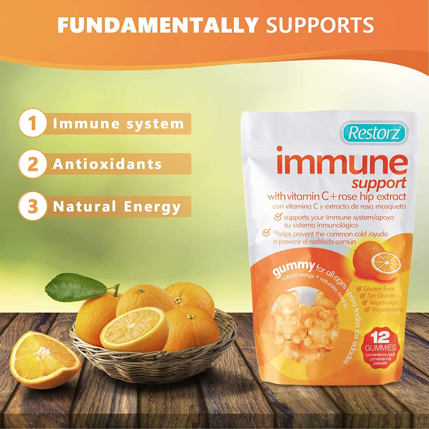 Restorz Vitamin C Immune Support Gummies with Rose Hip Extract, 3,000 mg, 8 Reusable Packs, Immunity Booster with Antioxidants, (96 Count Gummies)