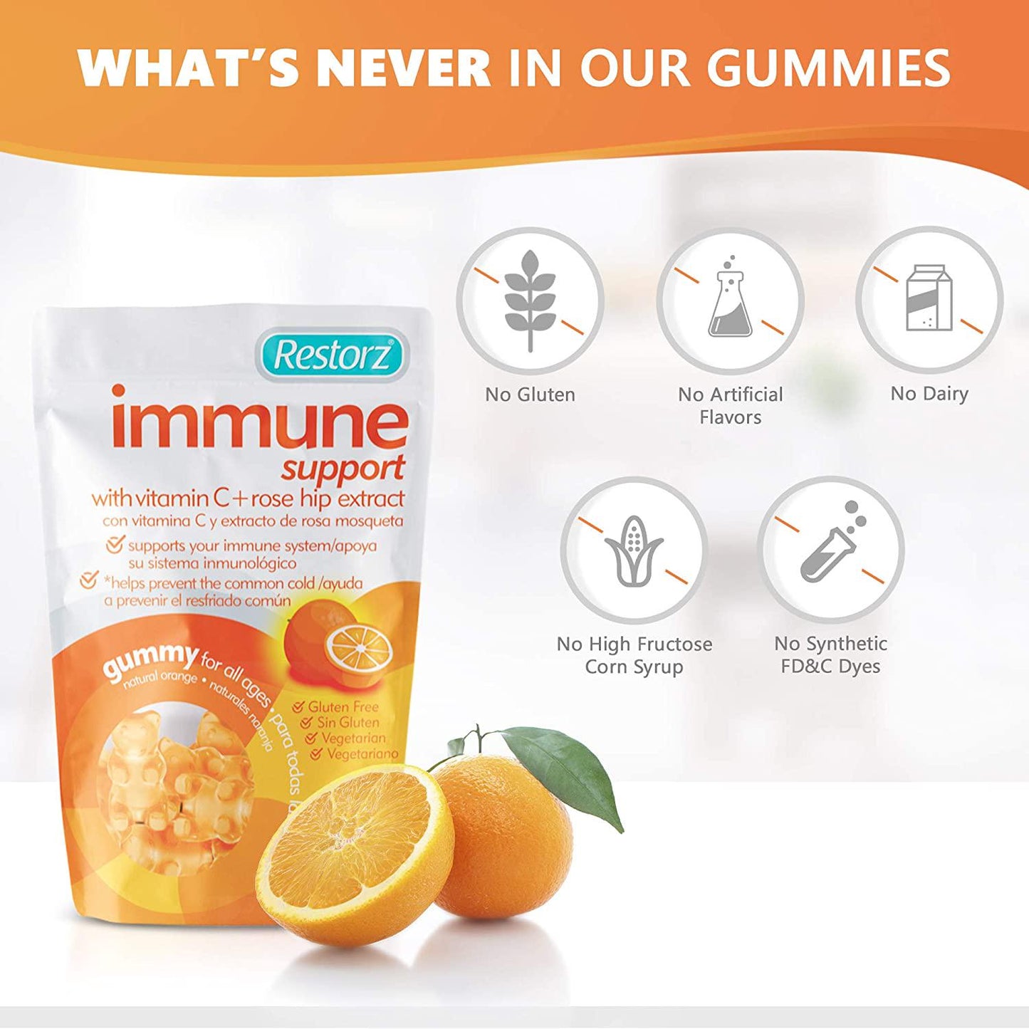 Restorz Vitamin C Immune Support Gummies with Rose Hip Extract, 3,000 mg, 8 Reusable Packs, Immunity Booster with Antioxidants, (96 Count Gummies)