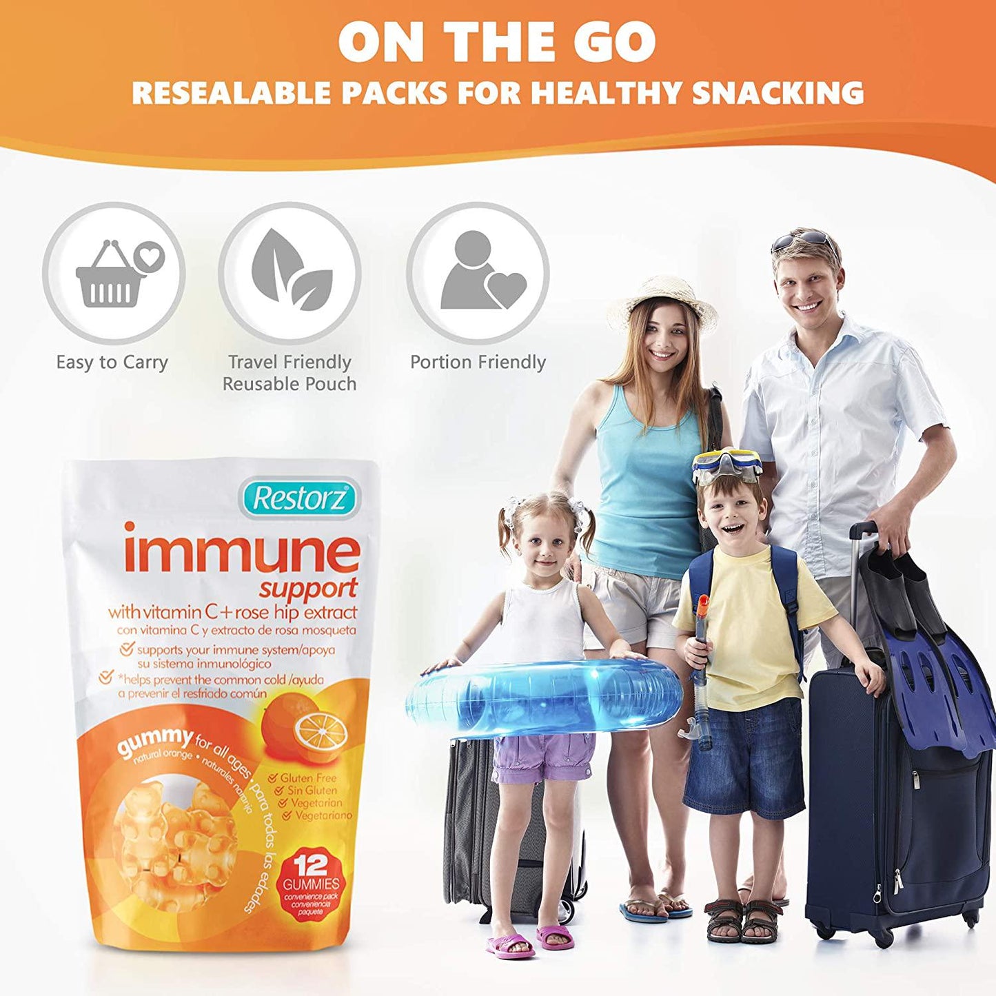 Restorz Vitamin C Immune Support Gummies with Rose Hip Extract, 3,000 mg, 8 Reusable Packs, Immunity Booster with Antioxidants, (96 Count Gummies)