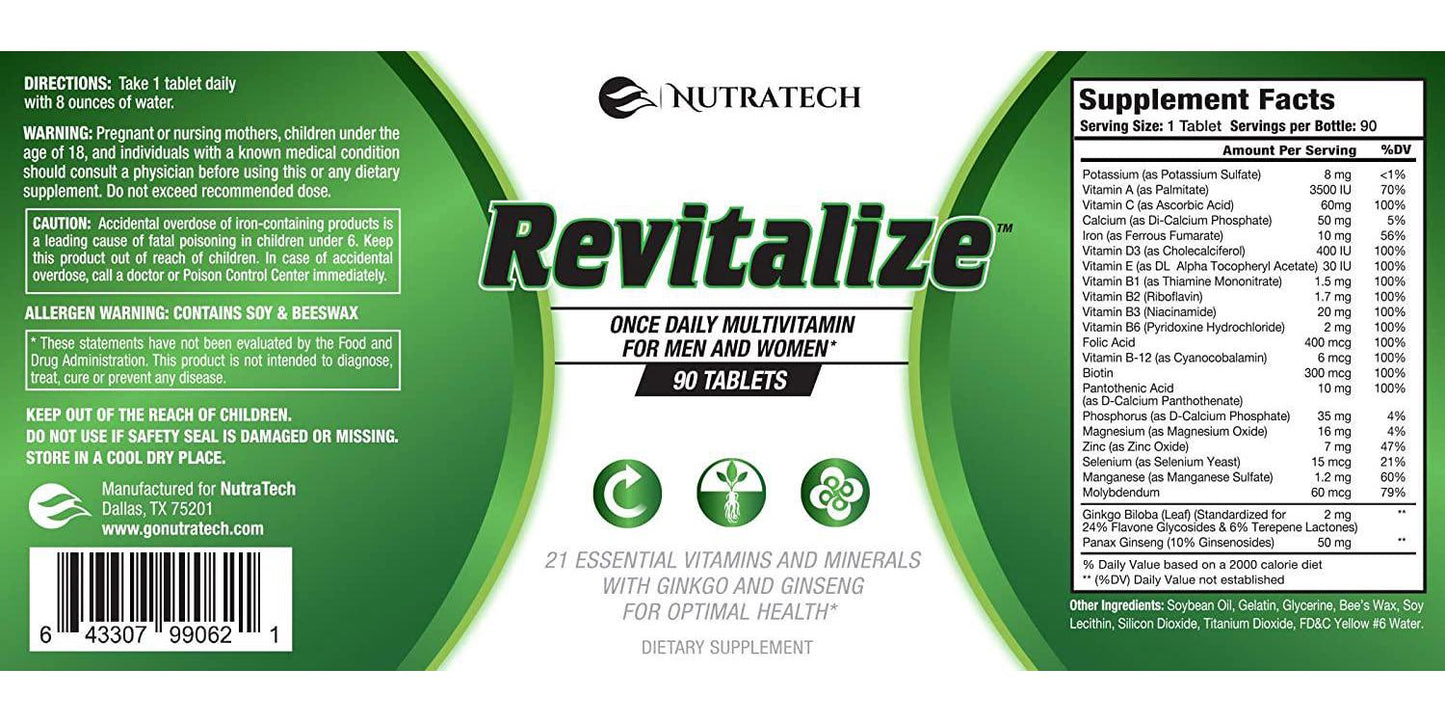 Revitalize – Powerful One A Day Whole Foods Multivitamin for Men and Women with 21 Essential Vitamins, Nutrients and Minerals for Optimal Health with Ginkgo and Ginseng.