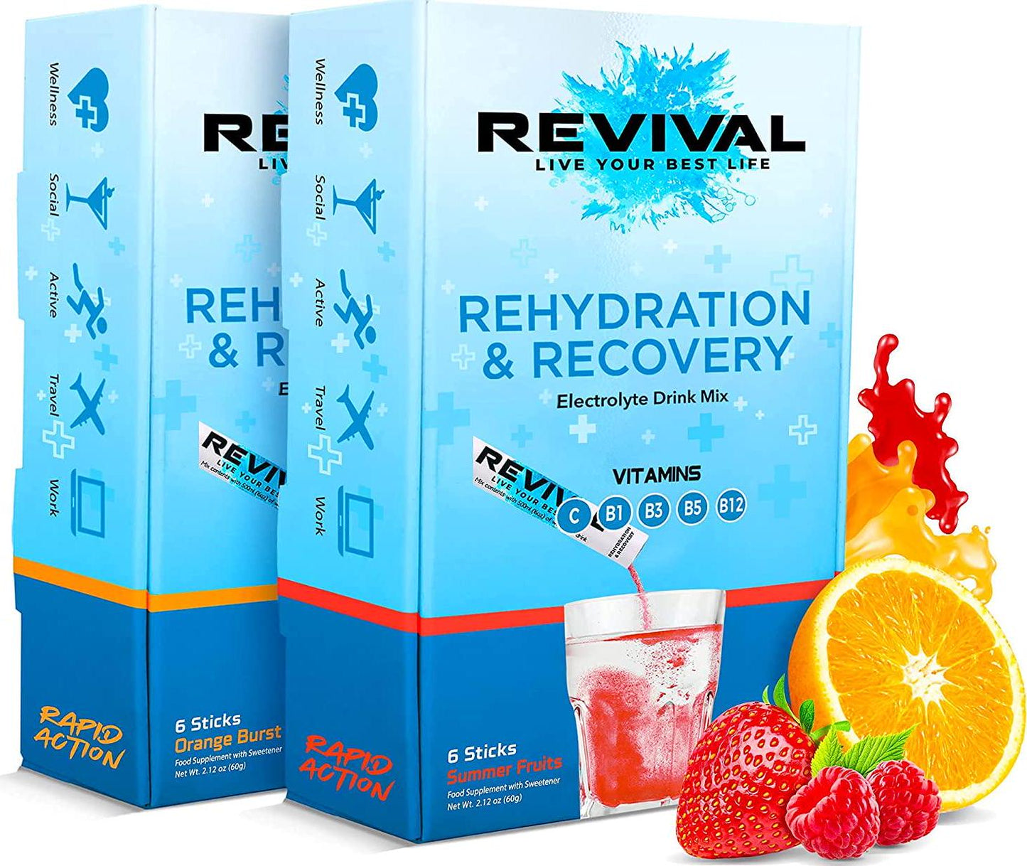 Revival Shots - Electrolyte Rehydration Powders, Hydration Packets, Hydration Powder Packets, Orange Flavor (6 Packets) and Summer Fruit Flavor (6 Packets), Electrolyte Packets Bundle