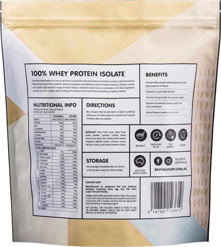 Revival Whey Protein Isolate |100% Natural ingredients | Pre and Probiotics, Vanilla Cake 1 kilograms