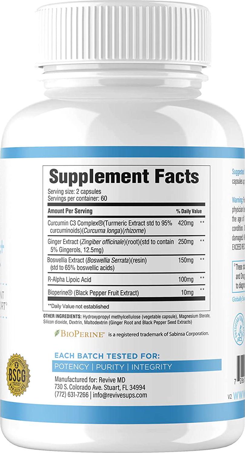 Revive MD | Turmeric + | Joint Support | Reduce Chronic Inflammation | Digestive Support | Cardiovascular Support | 120 Capsules