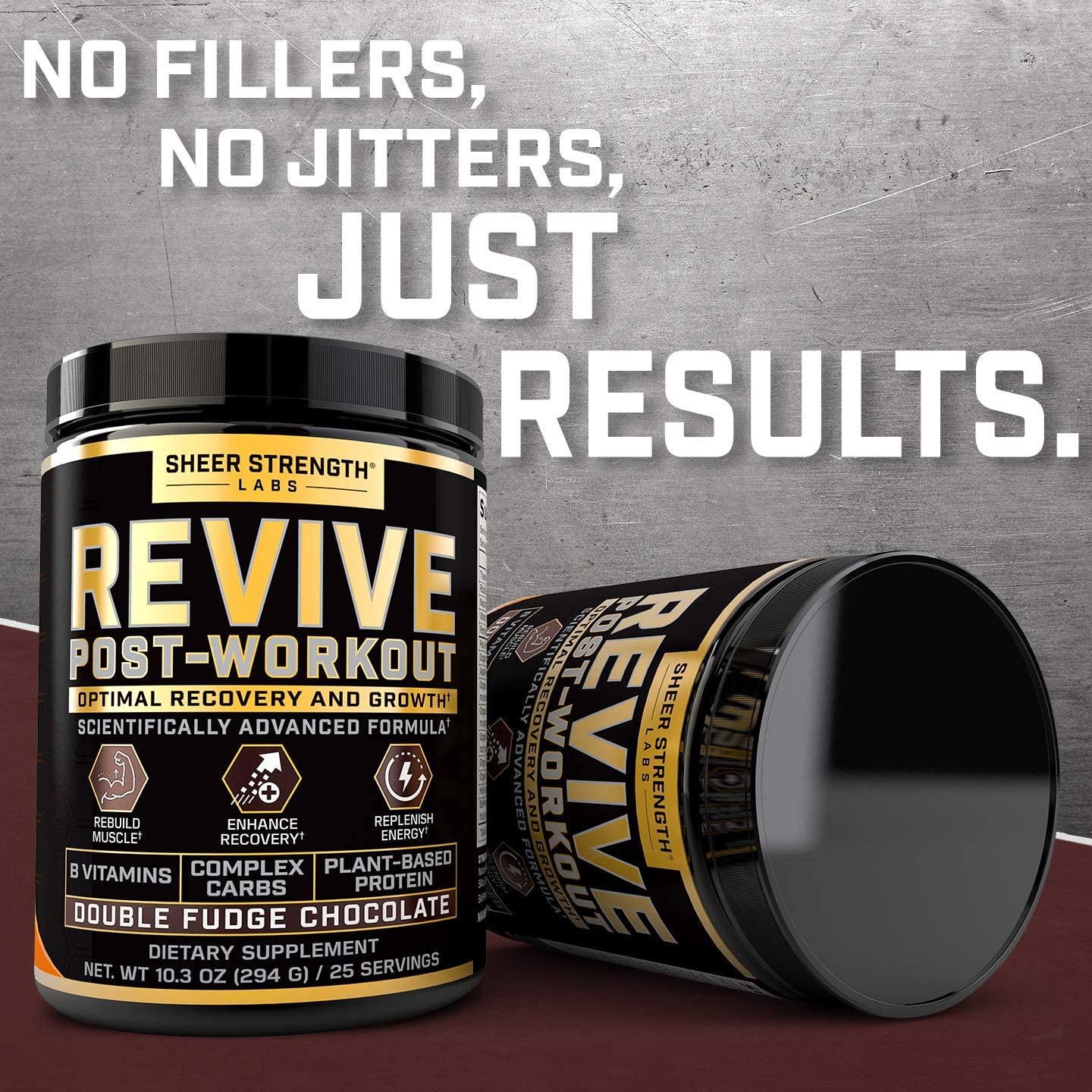 Revive Post Workout Recovery Drink - Natural Muscle Building and Muscle Recovery Supplement - Plant Based Protein Powder with B Vitamins - Double Fudge Chocolate Flavor - 25 Servings - Sheer Strength