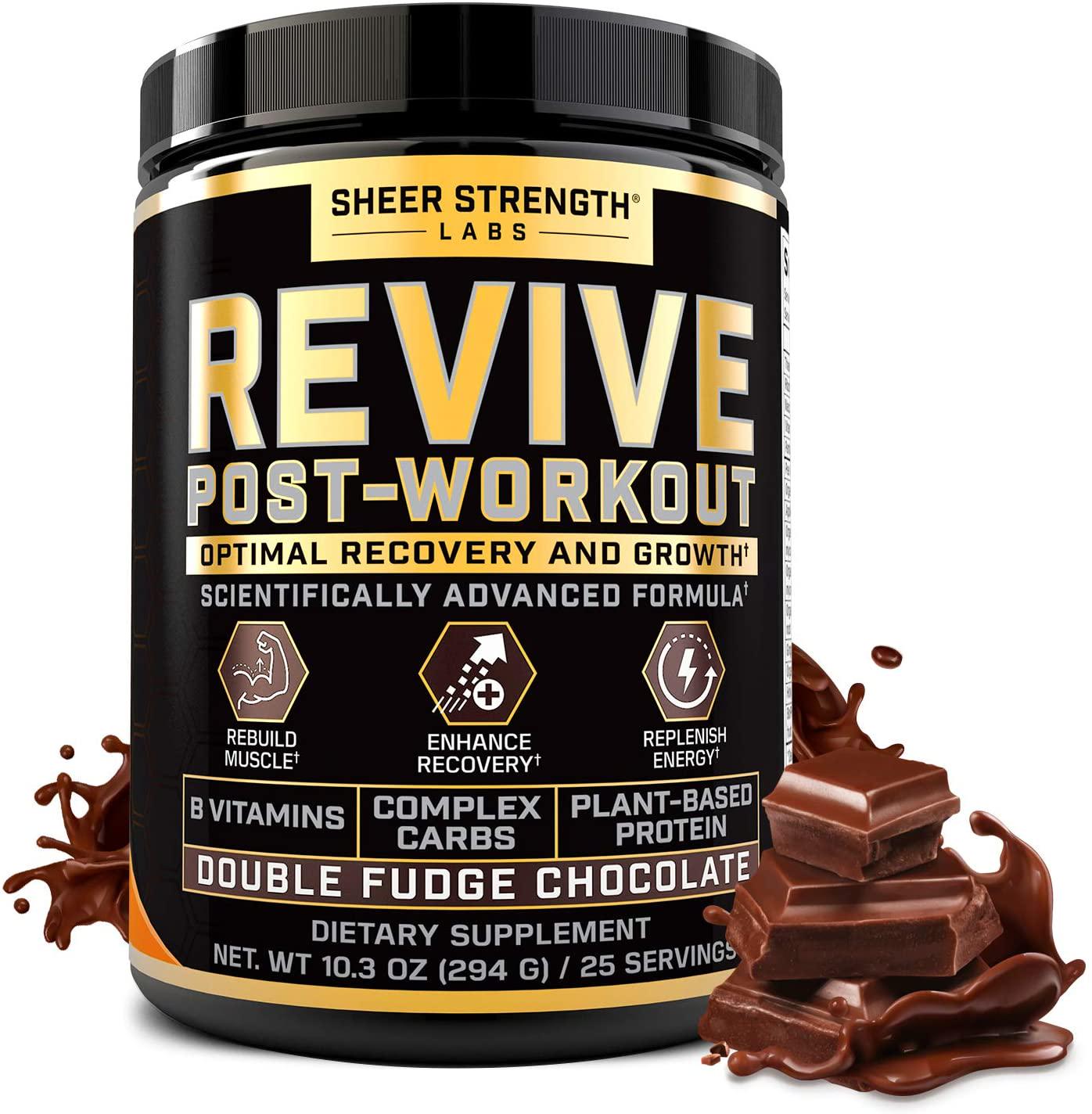Revive Post Workout Recovery Drink - Natural Muscle Building and Muscle Recovery Supplement - Plant Based Protein Powder with B Vitamins - Double Fudge Chocolate Flavor - 25 Servings - Sheer Strength