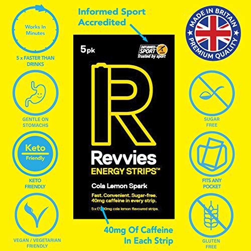 Revvies Energy Strips | Cola Lemon | 50 Strips | 40mg Caffeine Strip | 2 Strip = Coffee/Energy Drink | Less Than 2 Calories | Vegan | 10 x 5PK