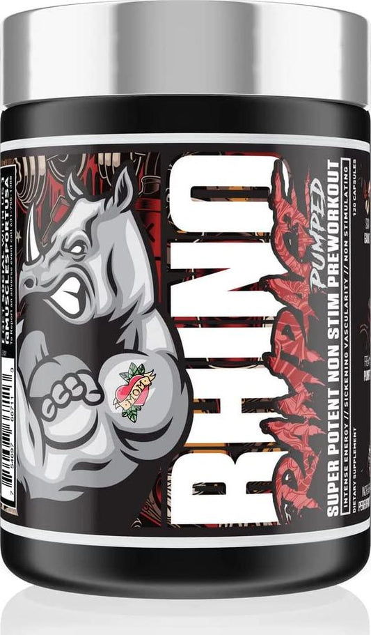Rhino Rampage Pumped - Nitric Oxide Booster - Non-Stim Preworkout Pump Supplement - 120 Capsules