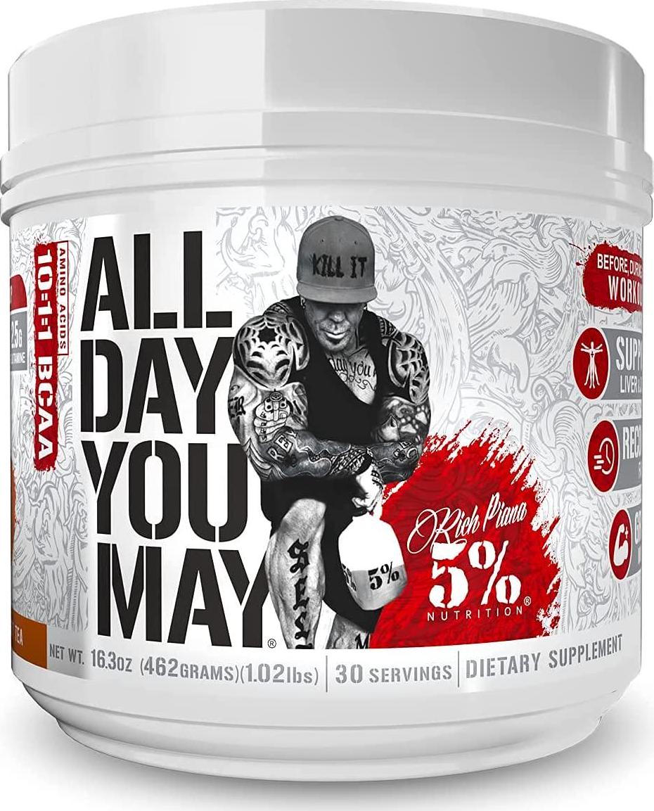 Rich Piana 5% Nutrition AllDayYouMay BCAA Powder | Premium Intra and Post Workout Amino Acids, EAA, Electrolytes | Hydration, Endurance, Recovery | Vegan and Keto | 16.3 oz, 30 Srvgs (Southern Sweet Tea)