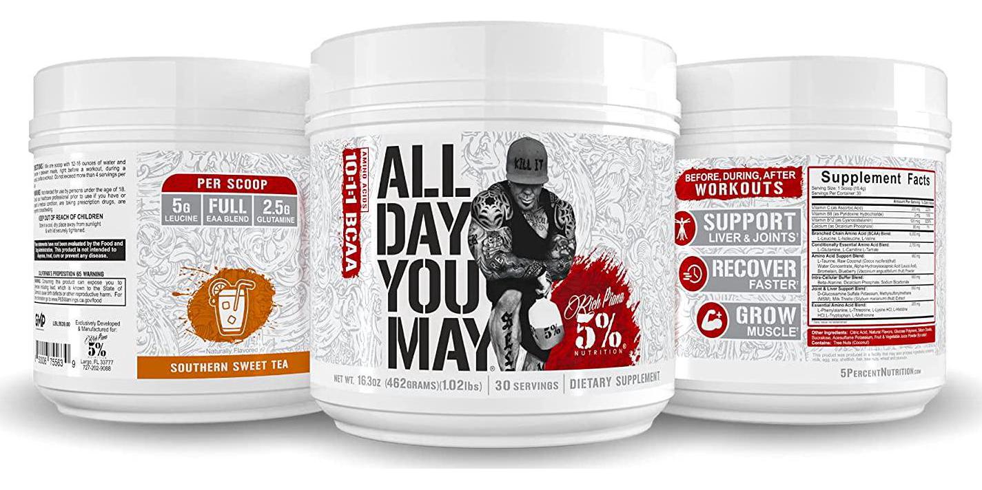 Rich Piana 5% Nutrition AllDayYouMay BCAA Powder | Premium Intra and Post Workout Amino Acids, EAA, Electrolytes | Hydration, Endurance, Recovery | Vegan and Keto | 16.3 oz, 30 Srvgs (Southern Sweet Tea)