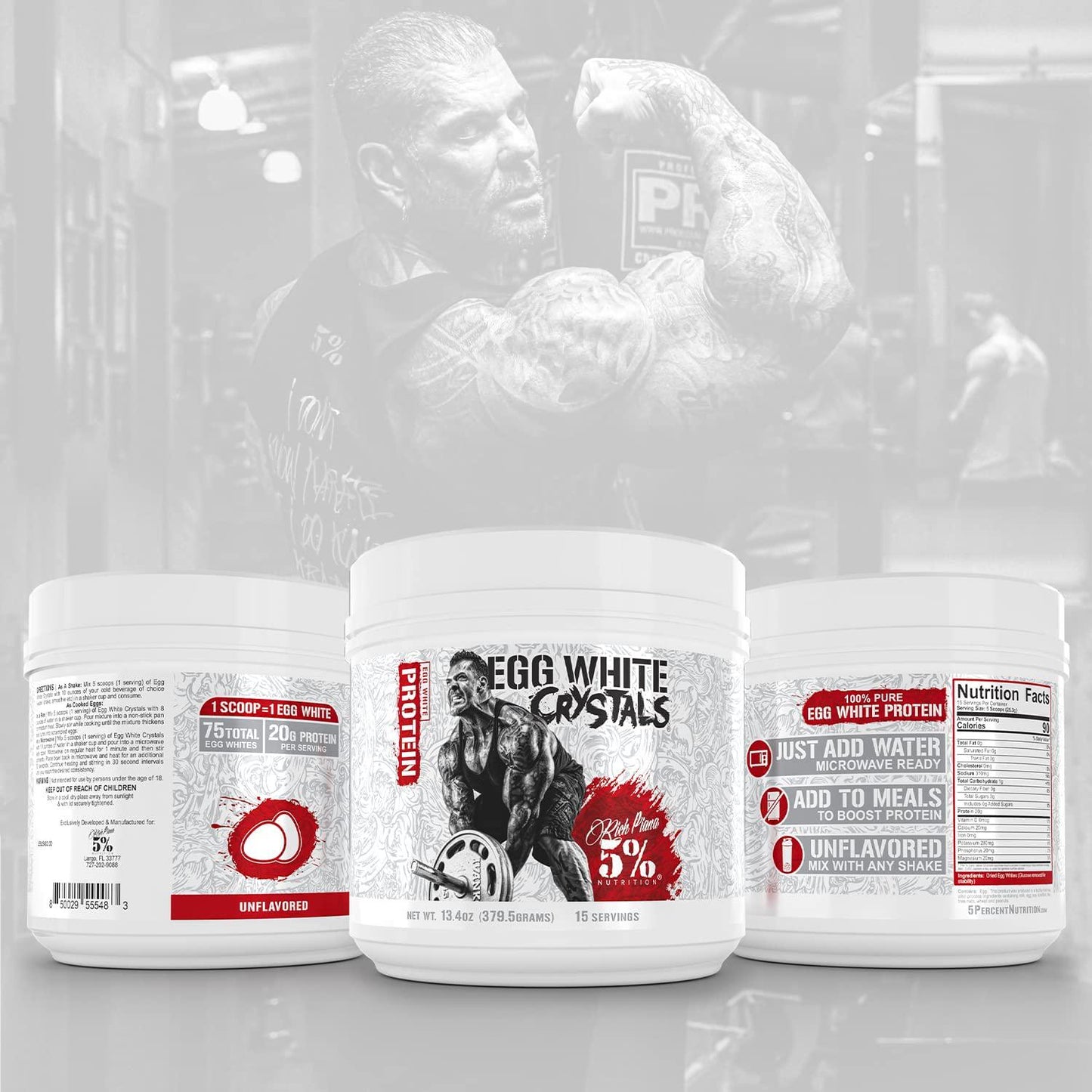Rich Piana 5% Nutrition Egg White Crystals | Easily to Mix with Protein Shakes and Foods | Stores Easily | 20 Grams of Protein | Zero Fat or Sugars | 15 Srvgs (Unflavored)