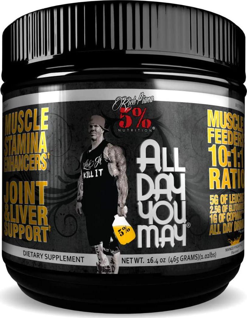 Rich Piana 5% Nutrition All Day You May 10:1:1 BCAA Post Workout Muscle and Joint Recovery Drink Supplement Powder, Essential Amino Acids, Creatine, Sugar-Free, 16.4 oz, 30 Servings (Mango Pineapple)