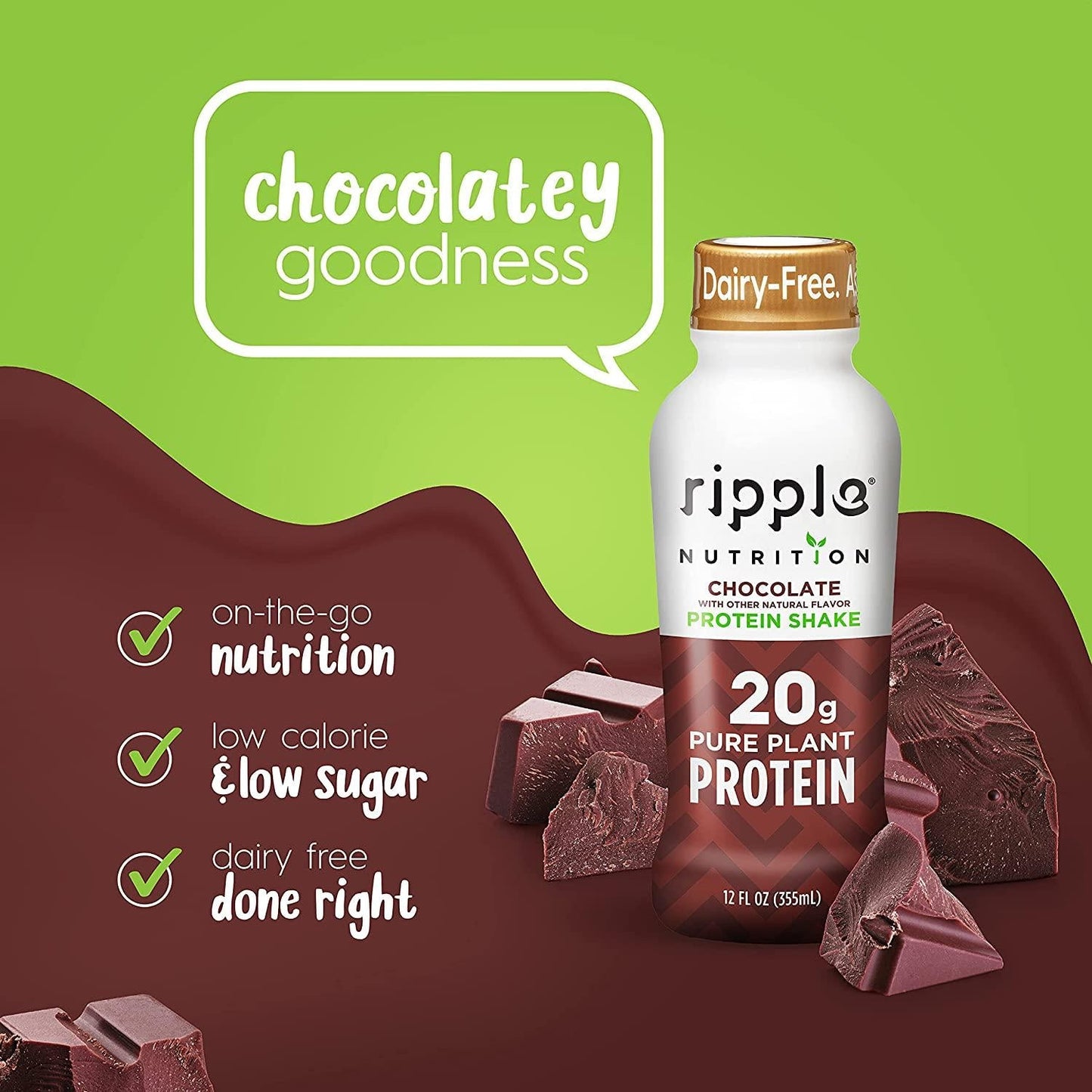Ripple Vegan Protein Shake | Chocolate | 20g Nutritious Plant Based Pea Protein | Shelf Stable | No GMOs, Soy, Nut, Gluten, Lactose | 12 Oz, 12 Pack