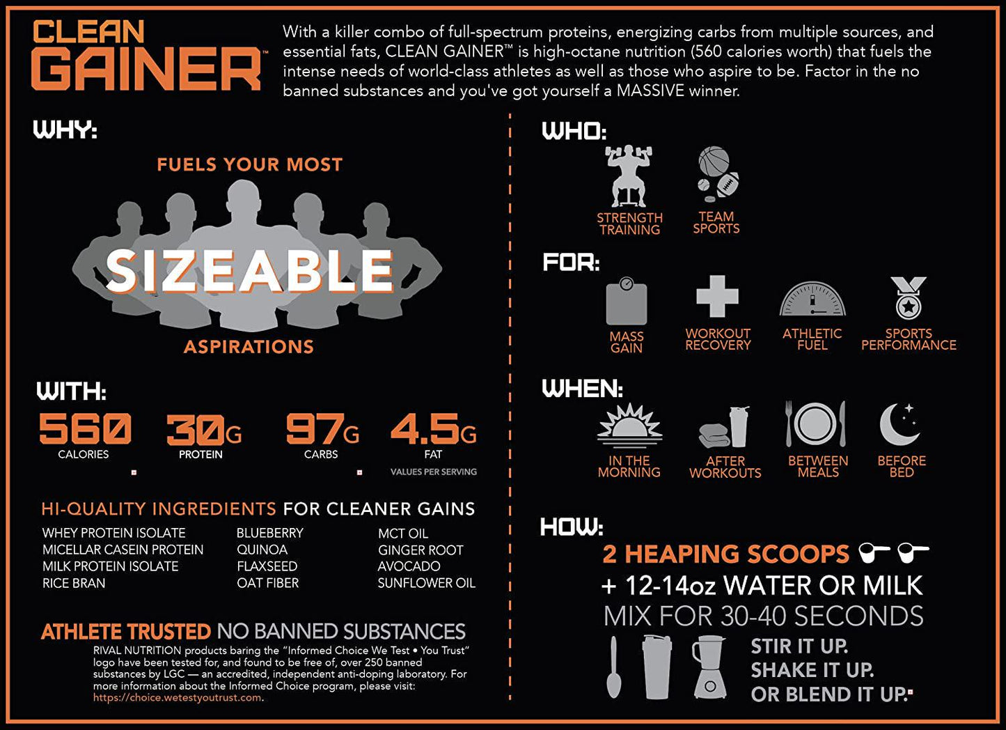 Rivalus Clean Gainer Protein Powder 5 lb, Rich Chocolate, Rich Chocolate, 2268 grams